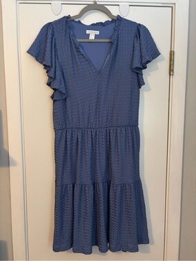 London Times Dusty Blue V-Neck Flutter Sleeve Tiered Mini Dress
